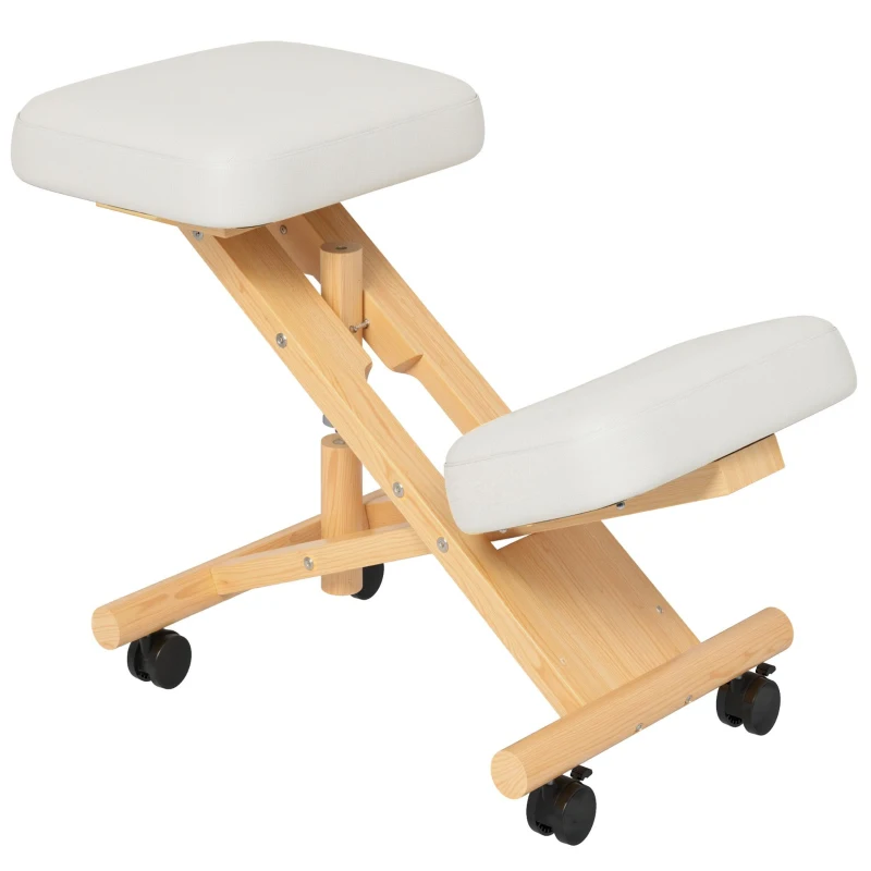 HOMCOM Ergonomic Kneeling Chair, Posture Chair with Rubberwood Frame, Wheels for Office, Posture Correction, Cream White