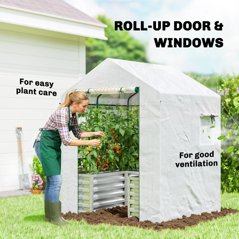 Outsunny Greenhouse with Raised Garden Bed, Galvanized Metal Planter Box with PE Cover, Roll Up Door, 56" x 56" x 75", White