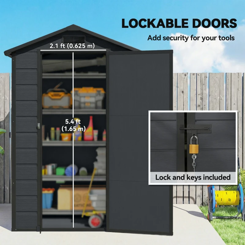 Outsunny 4' x 3' Plastic Garden Shed with Floor, Outdoor Small Shed with Lockable Door, Window and Vent, Dark Grey