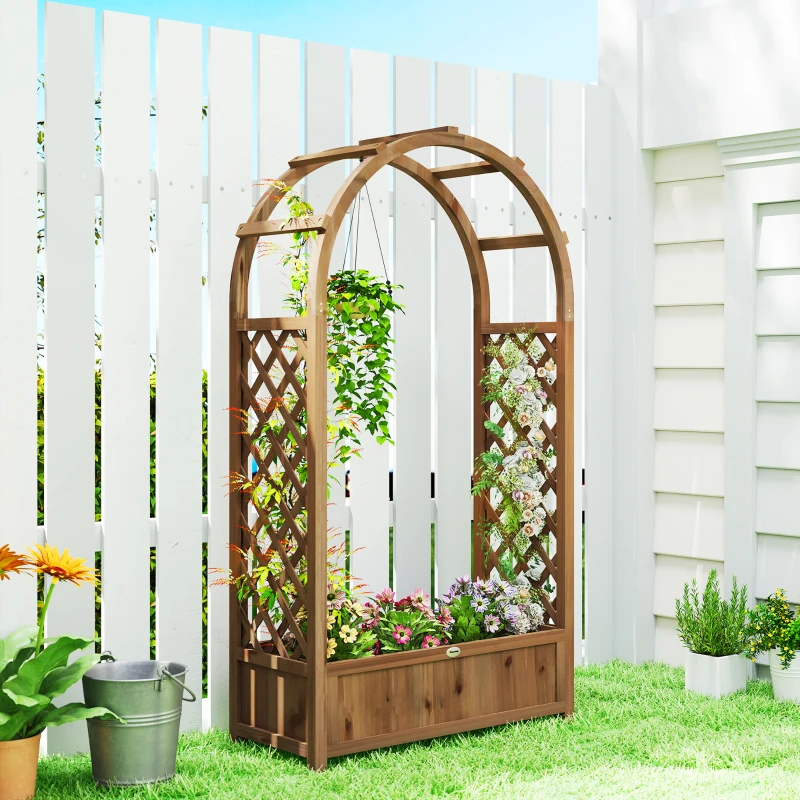 Outsunny Raised Garden Bed with Arch Trellis, Freestanding Garden Planter Box, Outdoor Planter Container, Dark Brown Wood Effect