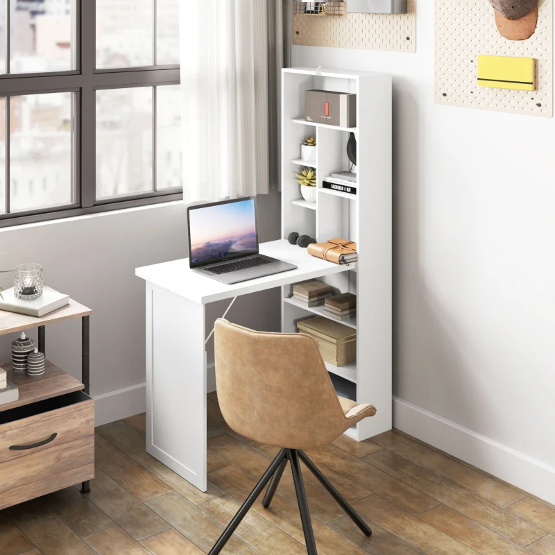 HOMCOM Fold-out Convertible Office Desk, Wall Mount Computer Desk with Whiteboard and Side Shelf, White