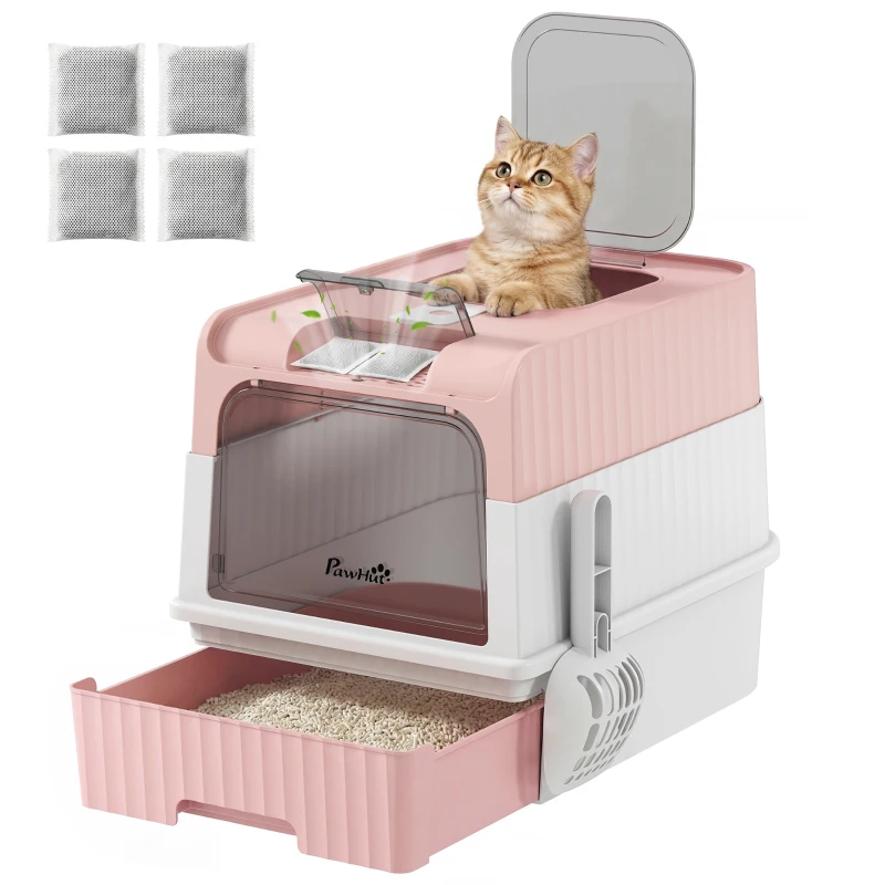PawHut Cat Litter Box Hooded Cat Litter Tray with Drawer Pan Front Entry & Top Exit Easy Cleaning Pink