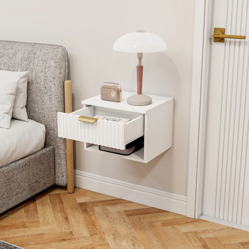 HOMCOM Floating Nightstands, Wall Mounted Bedside Tables Set of 2 with Drawer and Open Shelf, White