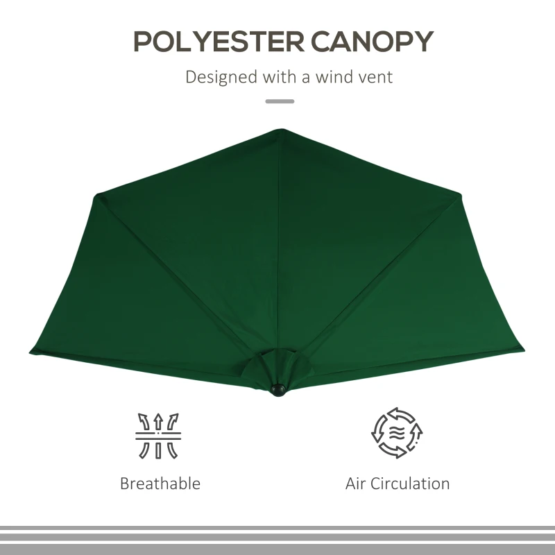 Outsunny 9.8ft Half Umbrella Semi Round Patio Parasol with Crank Handle, Top Vent for Garden, Balcony- NO BASE INCLUDED, Green
