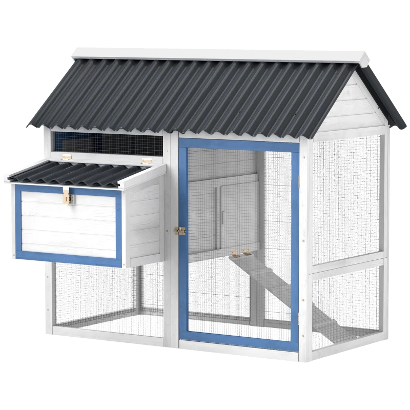 PawHut 55.5" Wooden Chicken Coop with Run Box, Nesting Box, Removable Tray, Ramp, Outdoor Backyard for 2-3 Chickens, White