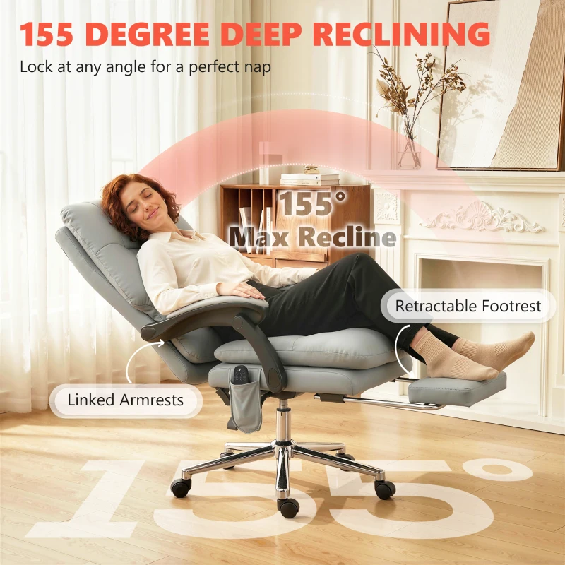 HOMCOM Massage Office Chair with 6-Point Vibration, Pet-Friendly Faux Leather Ergonomic Executive Desk Chair, Light Gray
