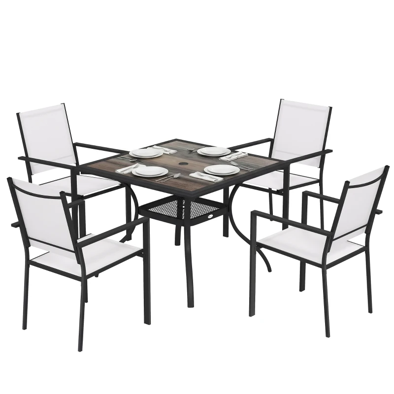 Outsunny 5 Piece Outdoor Patio Dining Set, Dining Table and 4 Stackable Chairs with Umbrella Hole, Shelf
