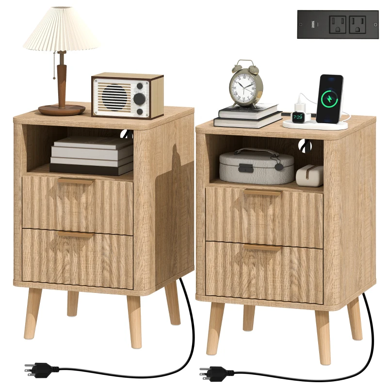 HOMCOM Nightstands Set of 2, Modern Bedside Tables with Charging Station, 2 Drawers and Open Shelf, Oak