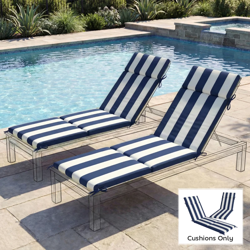 Outsunny Outdoor Chaise Lounge Cushions Set of 2 with 6 Ties, High-Density Foam, for Patio and Poolside, Dark Blue and White