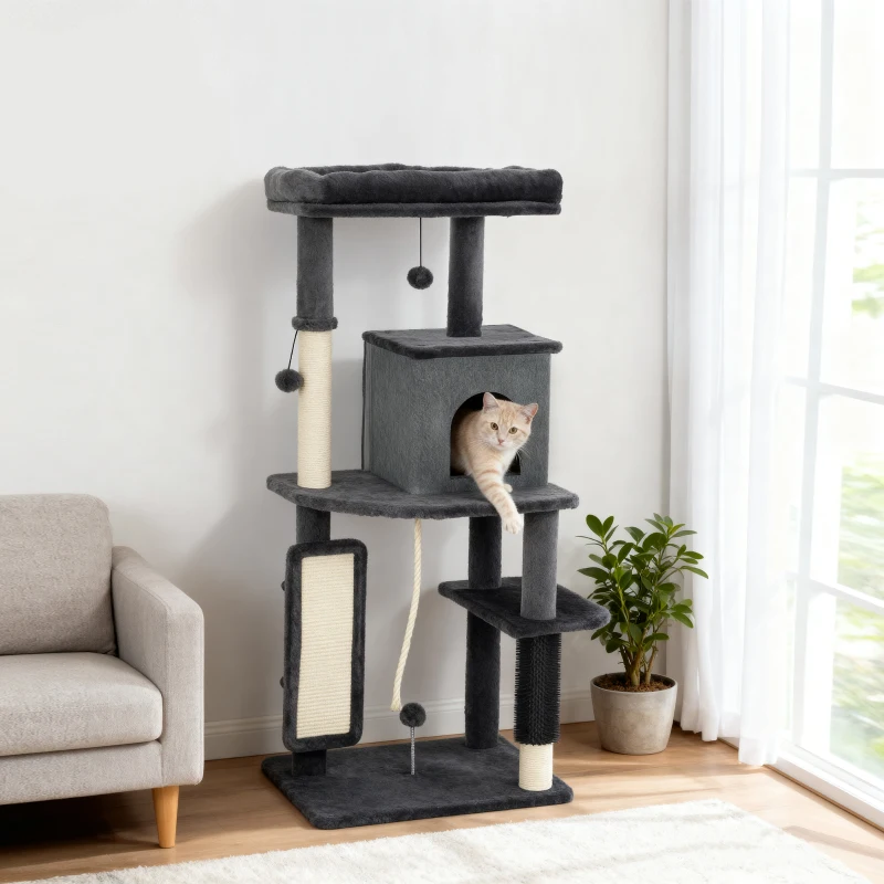PawHut 52 Inch Cat Tree with Scratching Posts, Cat Bed, Condo, Grooming Brush, Jumping Platforms, Toy Balls, Anti-tip Kit