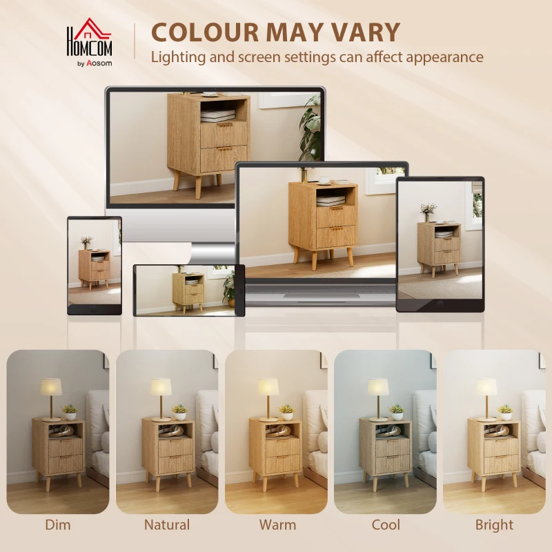 HOMCOM Nightstands Set of 2, Modern Bedside Tables with Charging Station, 2 Drawers and Open Shelf, Oak