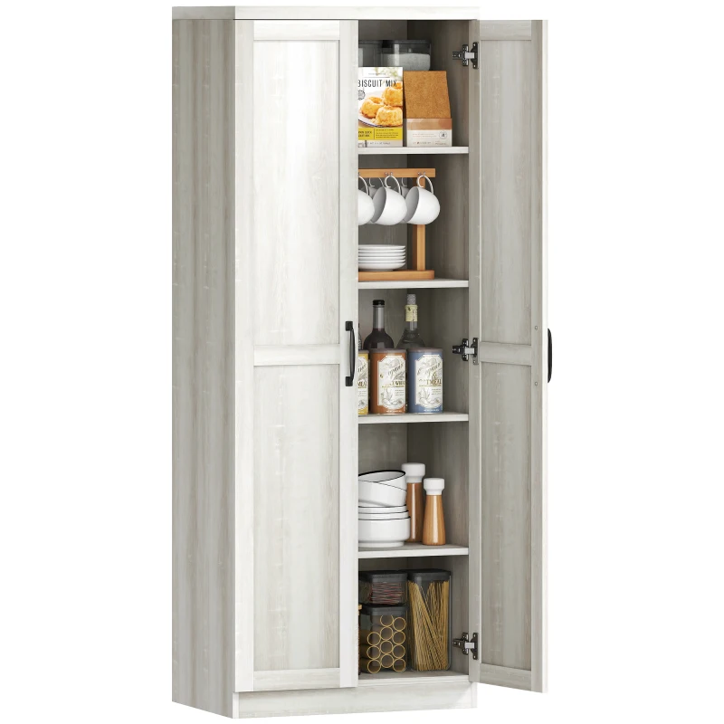 HOMCOM 63" Kitchen Storage Cabinet, 5-tier Pantry Cabinet with Doors and Adjustable Shelves for Dining Room, Distressed White