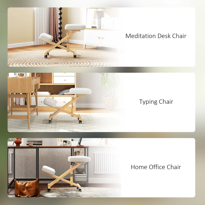 HOMCOM Ergonomic Kneeling Chair, Posture Chair with Rubberwood Frame, Wheels for Office, Posture Correction, Cream White
