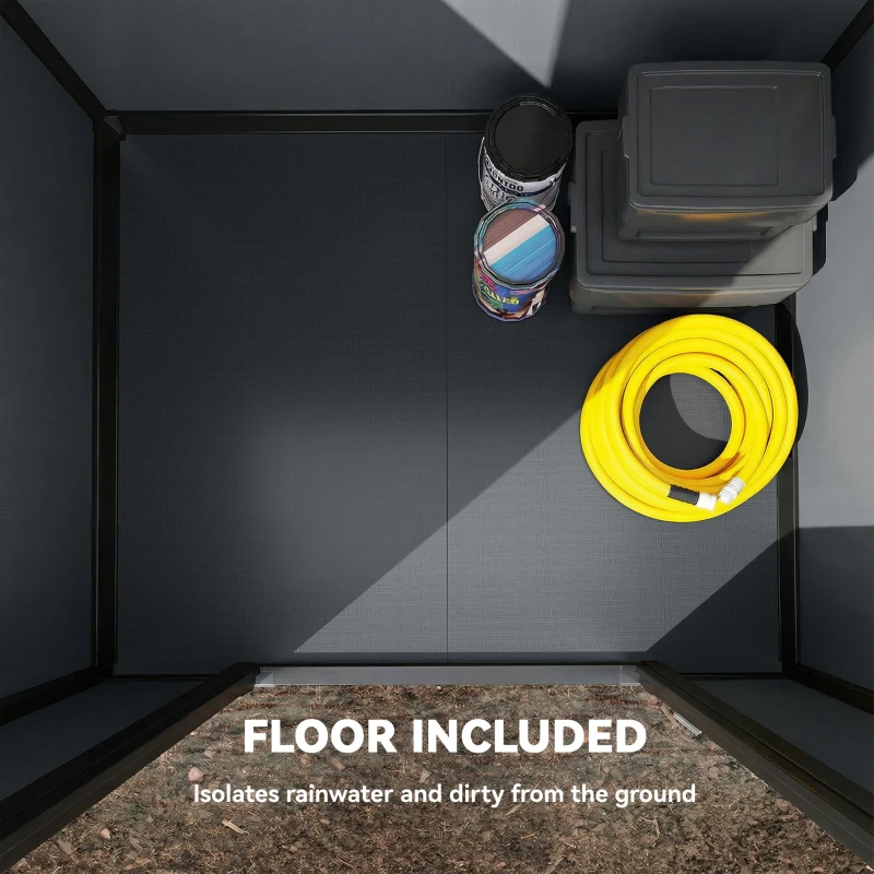 Outsunny 4' x 3' Plastic Garden Shed with Floor, Outdoor Small Shed with Lockable Door, Window and Vent, Dark Grey