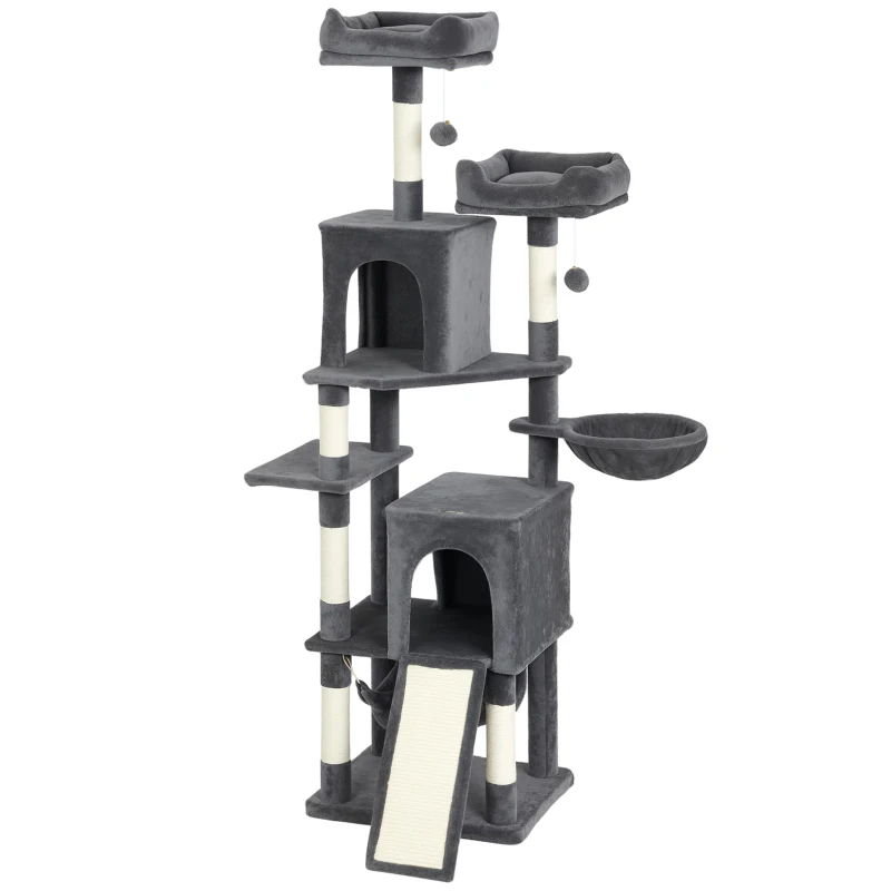 PawHut Cat Tree, 70" Multi-Level Cat Tower with 2 Condos, 2 Perches, Hammock, Toy Balls, Scratching Posts and Board, Dark Grey
