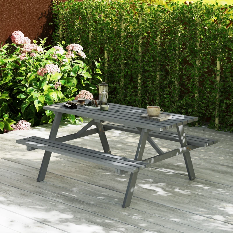 Outsunny Wood Picnic Table, Camping Table and Bench Set with Umbrella Hole for Outdoor, Garden, Patio, Backyard, Grey