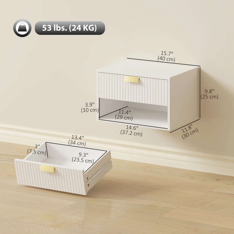 HOMCOM Set of 2 Wall Mounted Bedside Tables, Floating Nightstands with Fluted Drawer and Open Shelf for Bedroom, White
