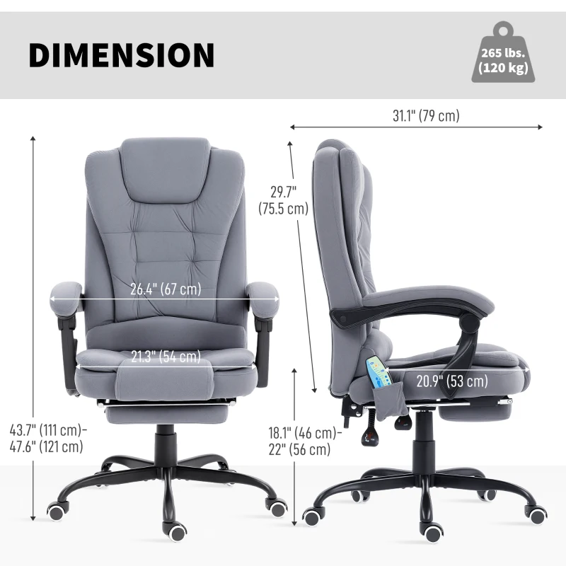 Vinsetto 7-Point Vibrating Massage Chair, Reclining Office Chair with Footrest, Reclining Back, Adjustable Height, Grey