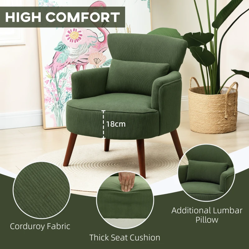 HOMCOM Modern Accent Chair, Upholstered Armchair with Solid Wood Legs and Lumbar Pillow for Living Room, Green