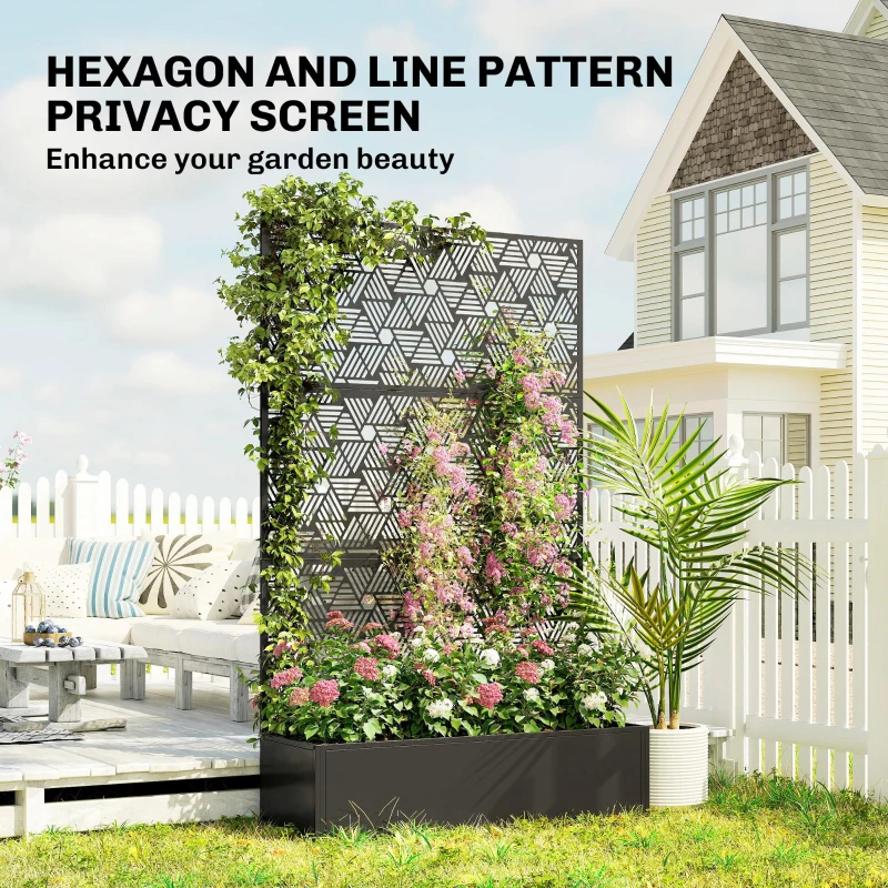 Outsunny Metal Planter Box with Trellis, 70" Tall Raised Garden Bed with Privacy Screen, Hexagon and Line Cut-Out
