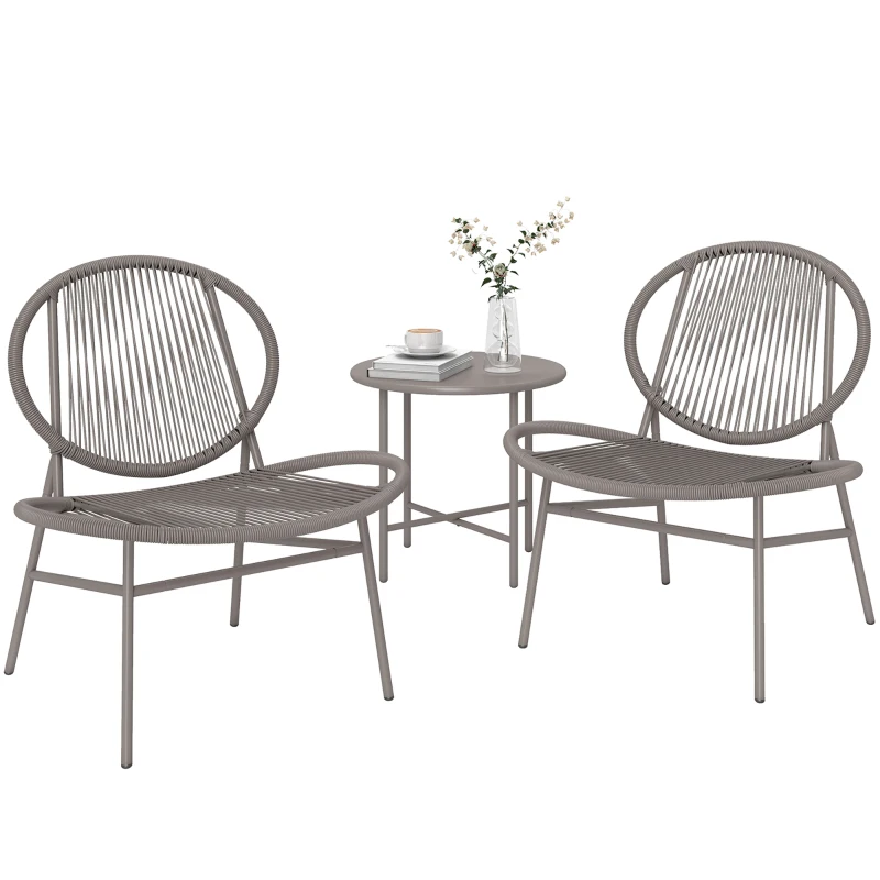 Outsunny Rattan Bistro Set, 3 Pieces Wicker Patio Furniture Set, Acapulco Chairs and Steel Table for Porch, Balcony, Light Grey