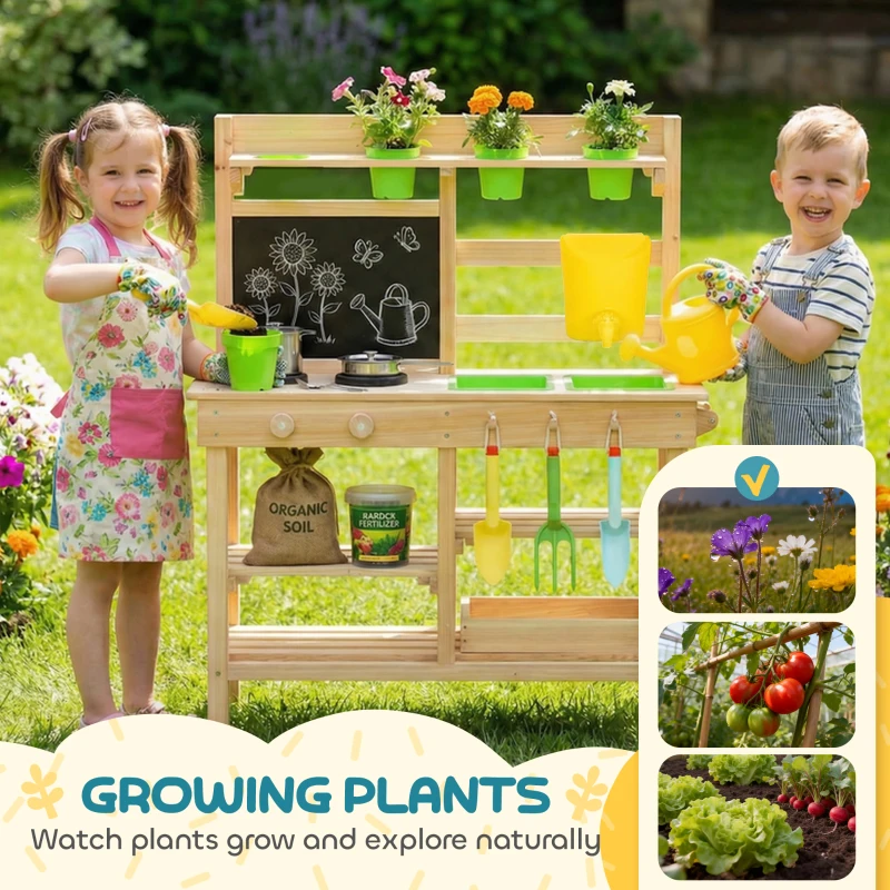 Qaba Kids Mud Kitchen, Outdoor Wooden Play Kitchen with Kitchenware & Garden Tools, Pretend Play Outdoor Toys, Natural