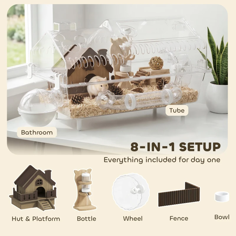 PawHut Hamster Cage with Large Wheel & Hideout, Small Animal Habitat with Accessories, Clear Pet House, 21.5" x 11.8" x 12.6",