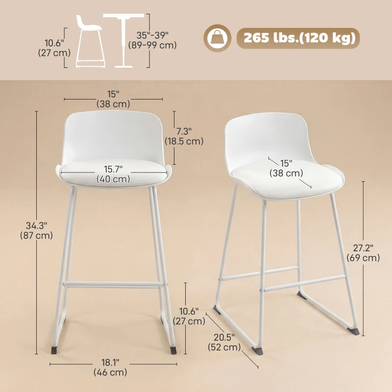 HOMCOM Modern Bar Stools Set of 2, PU Leather Barstools, Counter Height Kitchen Chairs for Breakfast Bars, Dining Room, White