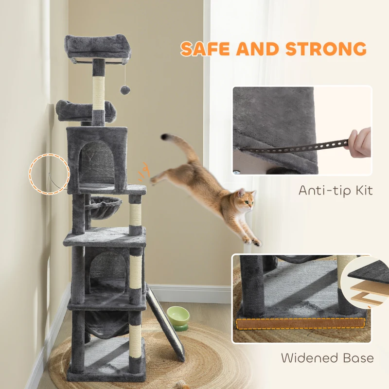 PawHut Cat Tree, 70" Multi-Level Cat Tower with 2 Condos, 2 Perches, Hammock, Toy Balls, Scratching Posts and Board, Dark Grey