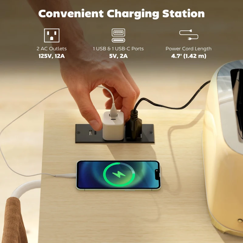 HOMCOM Kitchen Island with Storage, Rolling Kitchen Cart with Charging Station, Drop Leaf, Spice Rack, Towel Rack, Drawers