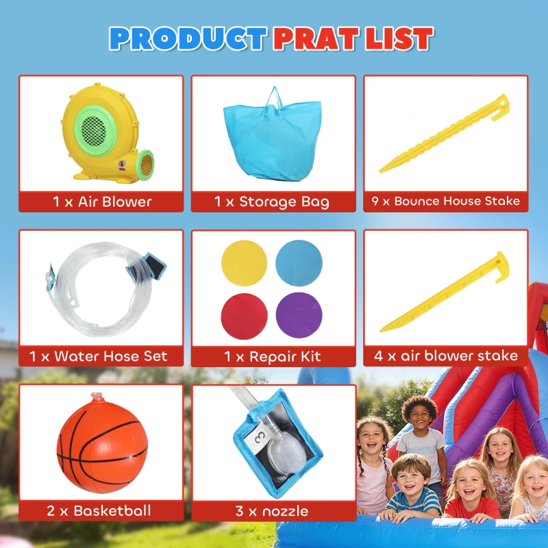 Qaba Inflatable Water Slide 6 in 1 with 480W Blower, Bounce House with Climbing Wall, Splashing Pool, Basketball Hoop