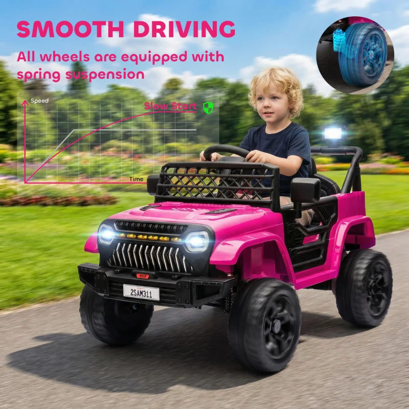 Qaba 12V Battery Powered Ride On Truck, Kids Electric Car with Spring Suspension, Remote, Horn, USB Music, Pink