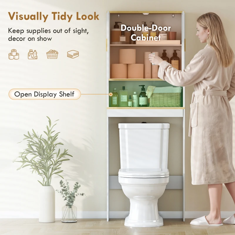 HOMCOM Over the Toilet Storage Shelf Adjustable Shelf Over the Toilet Storage Cabinet for Bathroom White and Oak