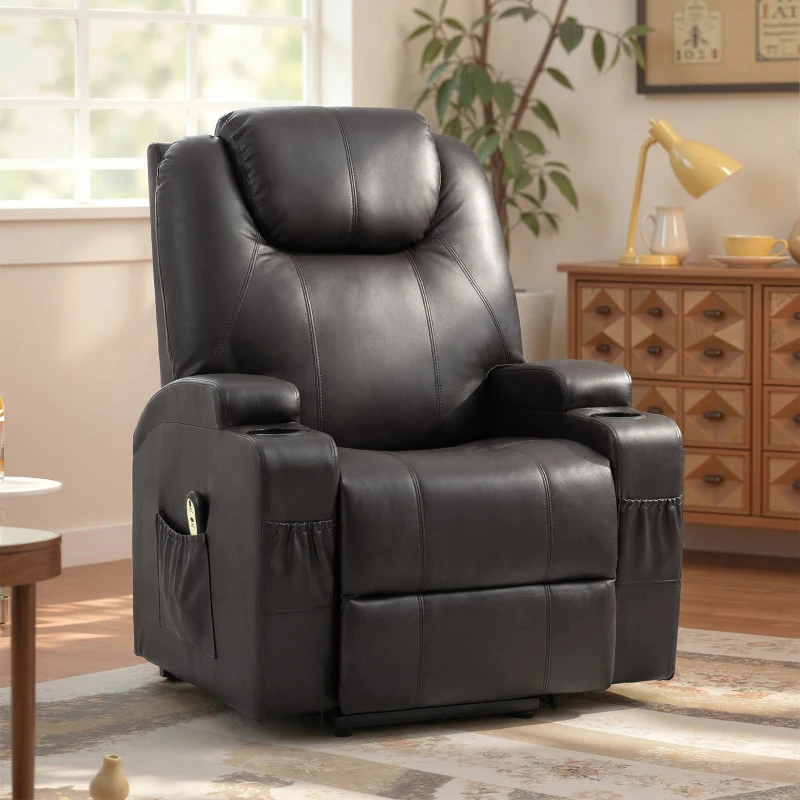HOMCOM Power Lift Recliner Chair for Elderly, PU Leather Lift Chair with Thick and High Back, Footrest, Remote, Side Pockets, Cup Holders, Reclining Sofa for Living Room, Black