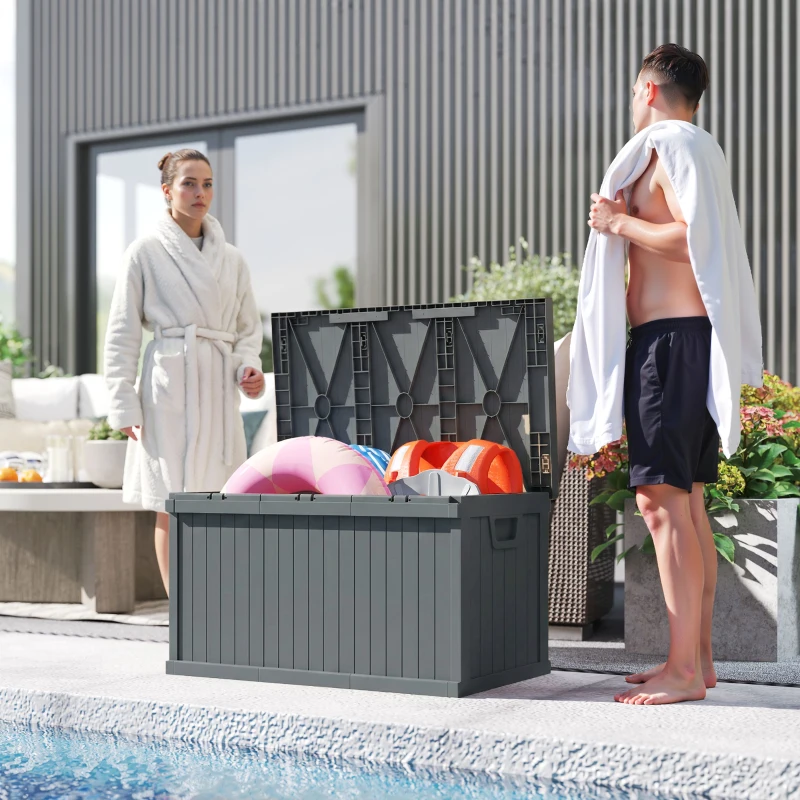 Outsunny 70 Gallon Deck Box, Resin Outdoor Storage Box with Handles, Waterproof Storage Container for Garden Tools, Dark Grey