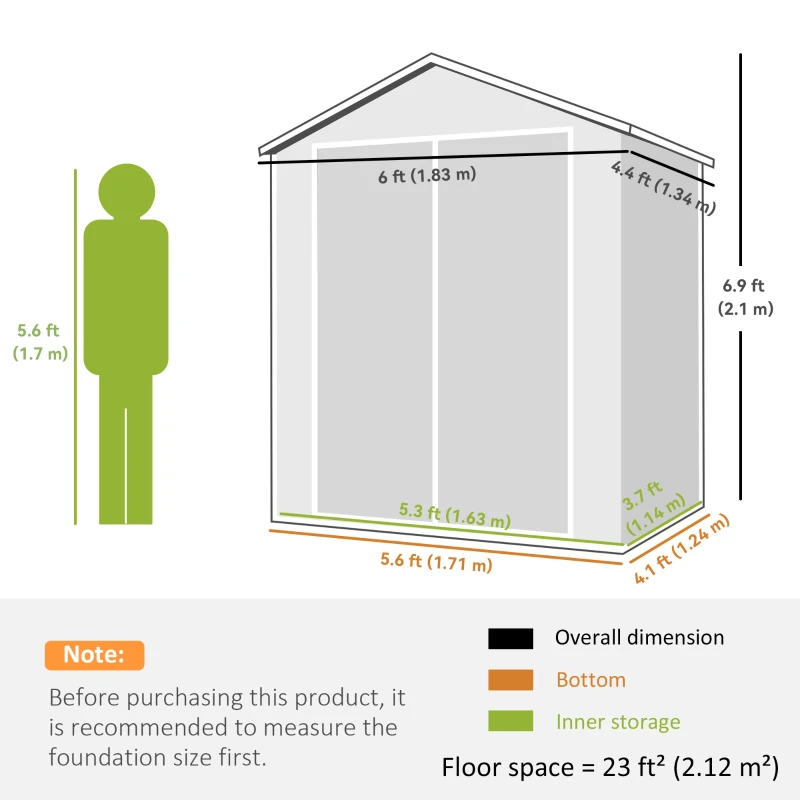 Outsunny 6x4.5FT Plastic Shed, Lockable Garden Tool Storage House with Double Doors and Vent, Grey