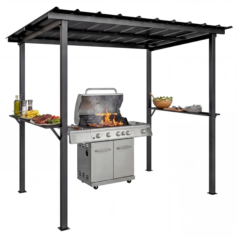 Outsunny 9' x 6' Hardtop Grill Gazebo, BBQ Gazebo with 2 Side Shelves and Galvanized Metal Slope Roof, Black