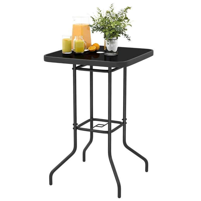 Outsunny Outdoor Bar Table with Umbrella Hole, 41.3" Bar Height Patio Table with Glass Top and Metal Frame, Black