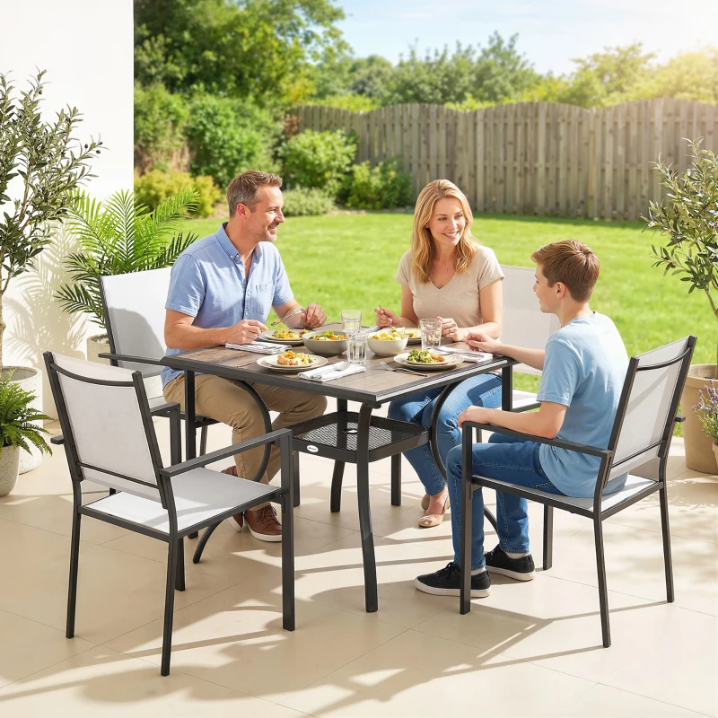Outsunny 5 Piece Outdoor Patio Dining Set, Dining Table and 4 Stackable Chairs with Umbrella Hole, Shelf