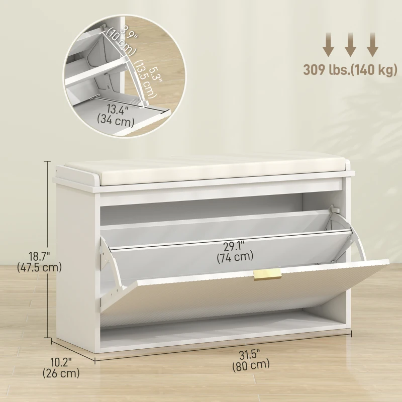 HOMCOM Entryway Bench with Padded Seat and Flip-Drawers, Holds up to 265lbs, Shoe Storage Bench for 8 Pairs of Shoes, White