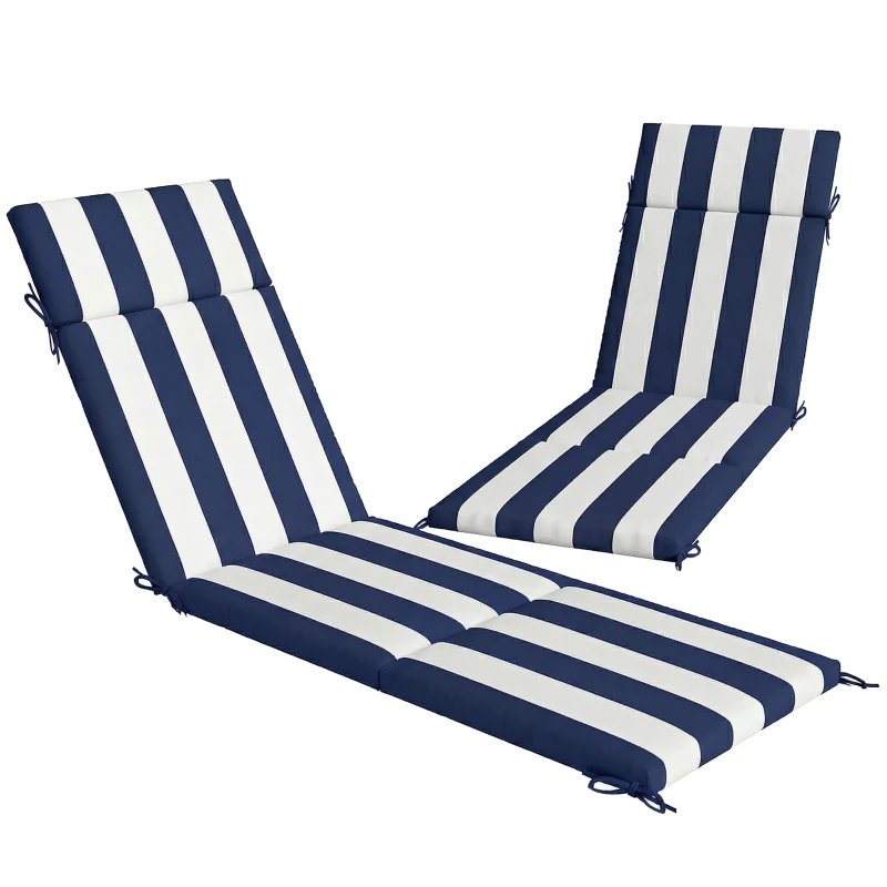 Outsunny Outdoor Chaise Lounge Cushions Set of 2 with 6 Ties, High-Density Foam, for Patio and Poolside, Dark Blue and White