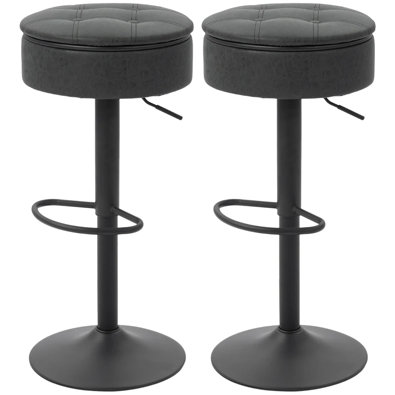 HOMCOM Set of 2 Barstools with Storage, Swivel Bar Stools with PU Leather Upholstered, Footrest, Steel Base, Black
