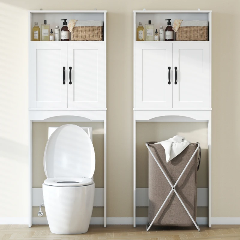 HOMCOM Over the Toilet Storage Cabinet Freestanding Bathroom Organizer with 2 Doors and Open Shelf White