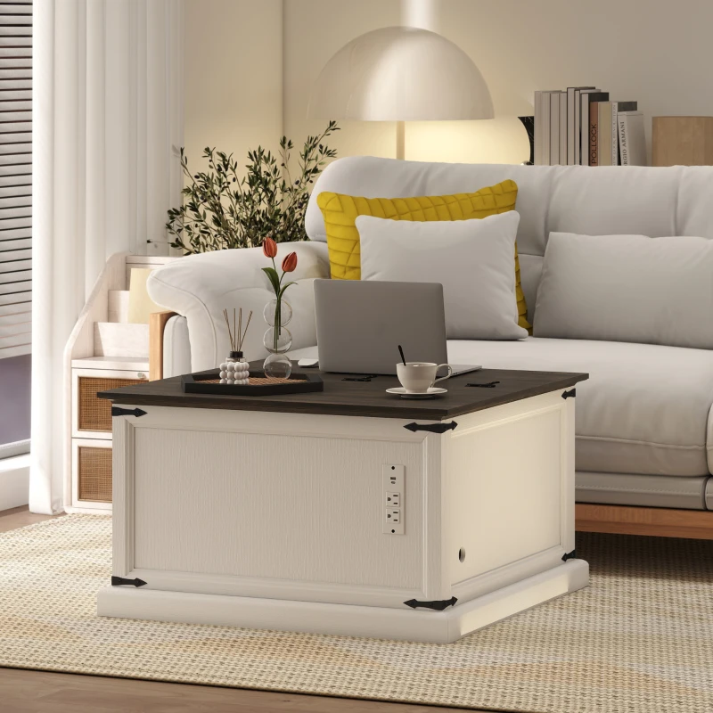 HOMCOM Lift Top Coffee Table with Charging Station, Square Farmhouse Center Table with Hidden Storage, White Wood Grain