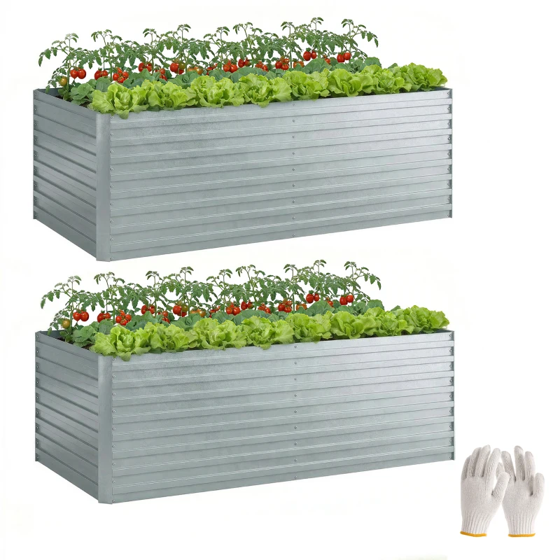 Outsunny Set of 2 Galvanised Raised Garden Bed, 6 x 3 x 2 ft Metal Garden Bed with Safe Edging, Silver