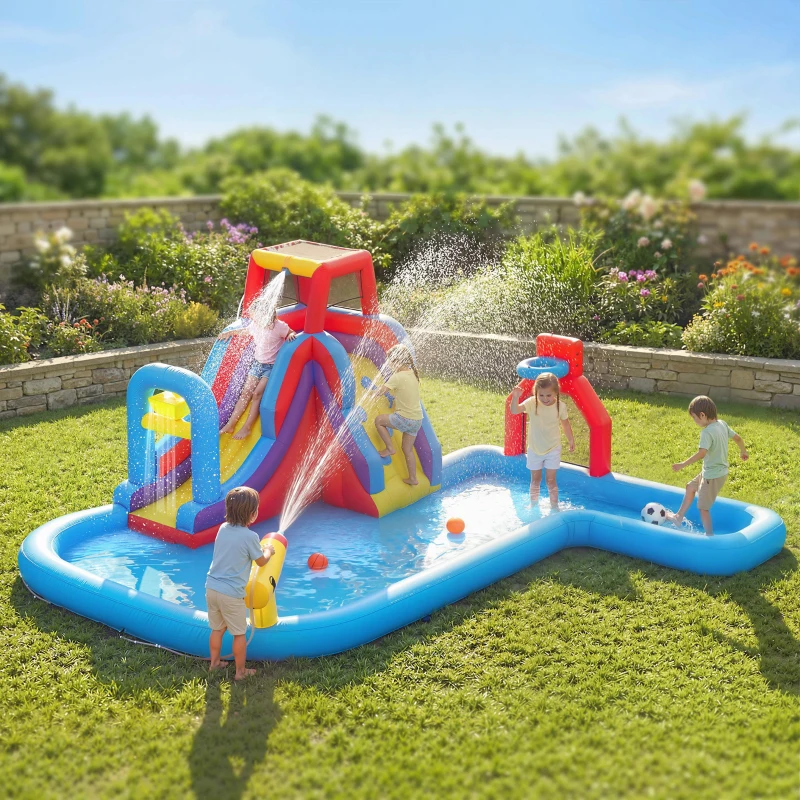 Qaba Inflatable Water Slide 6 in 1 with 480W Blower, Bounce House with Climbing Wall, Splashing Pool, Basketball Hoop
