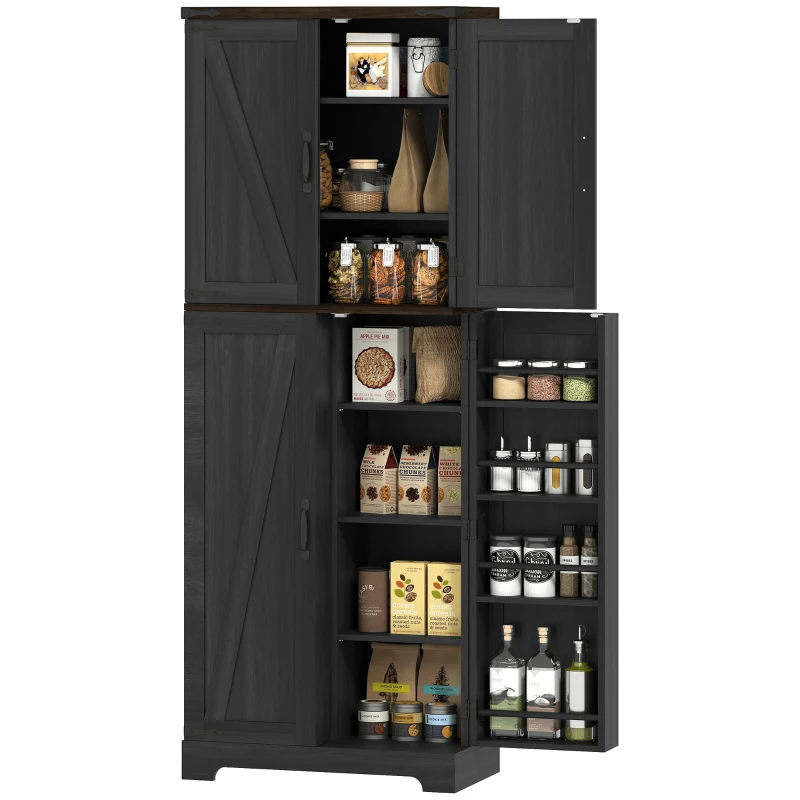 HOMCOM 64" Tall Kitchen Pantry Cabinet with Spice Racks and Adjustable Shelves, Black Wood Grain