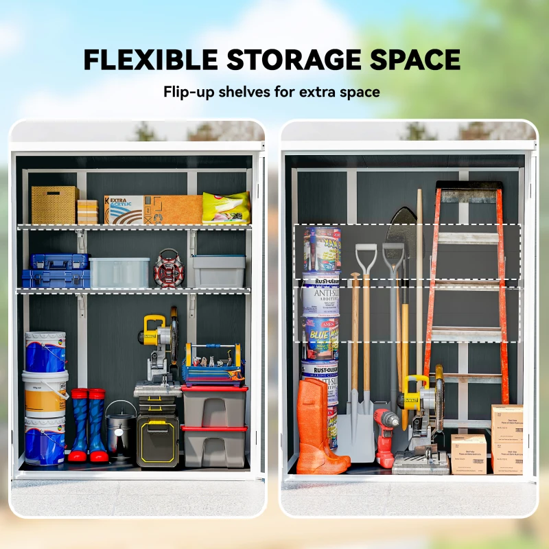 Outsunny Outdoor 4.4' x 2.3' Plastic Storage Shed with Lockable Doors and Foldable Shelves, Wood-Effect Garden Shed, Grey