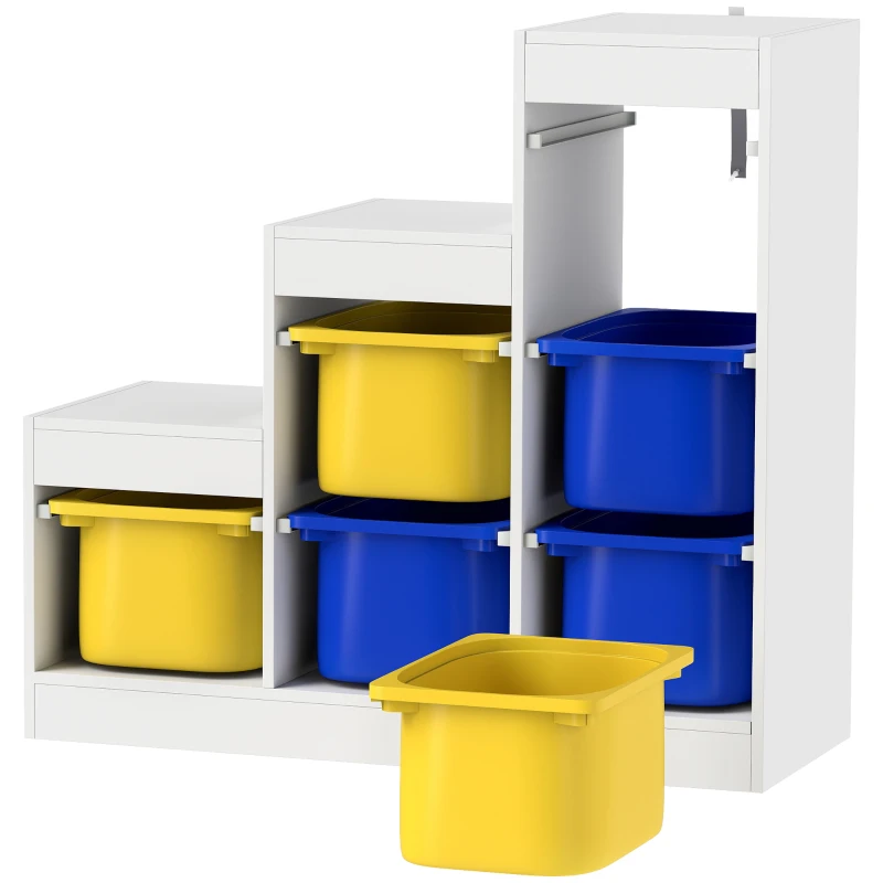 Qaba 3 Layers Toy Storage Organizer Kids Bookshelf Children Toy Storage w/ 6 Plastic Bins, Yellow & Blue