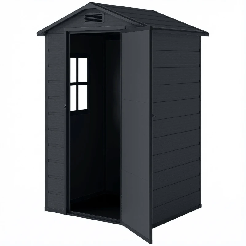 Outsunny 4' x 3' Plastic Garden Shed with Floor, Outdoor Small Shed with Lockable Door, Window and Vent, Dark Grey
